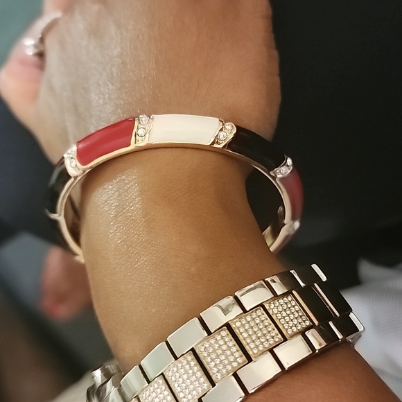 Vintage Enamel Jeweled Bamboo Design Bangle Bracelet - Picture 2 of 5